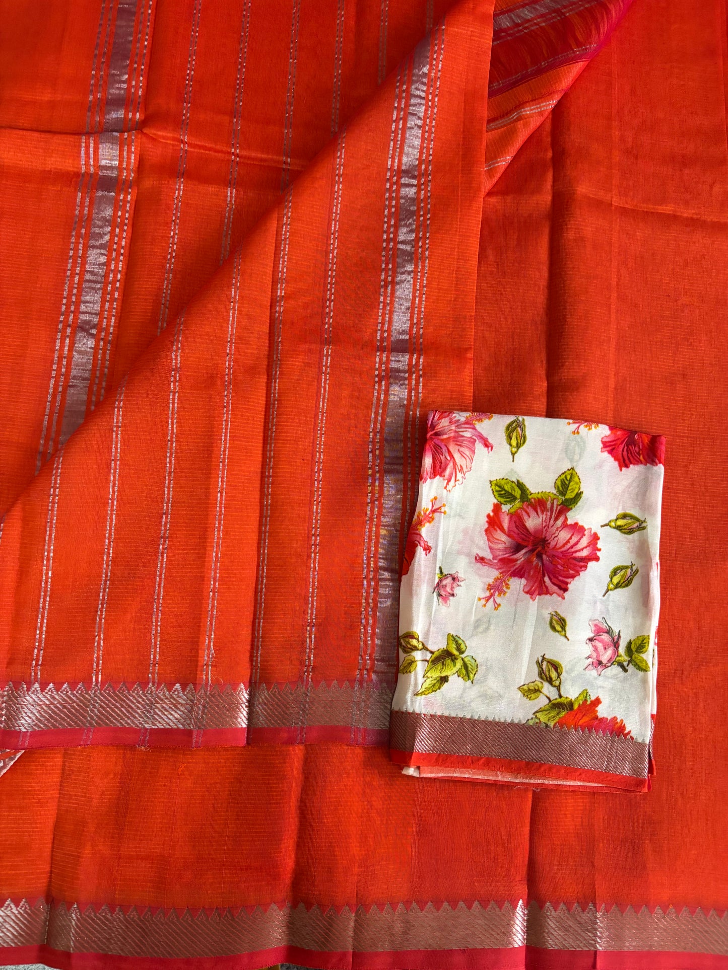 Orange Mangalgiri pattu with digital blouse