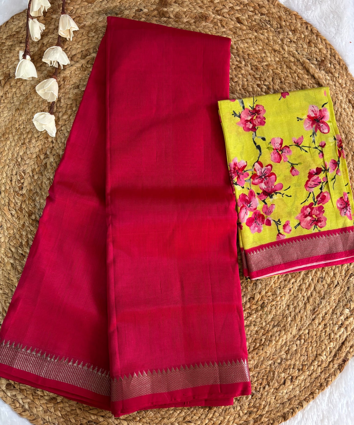Fuchsia pink Mangalgiri pattu with digital blouse