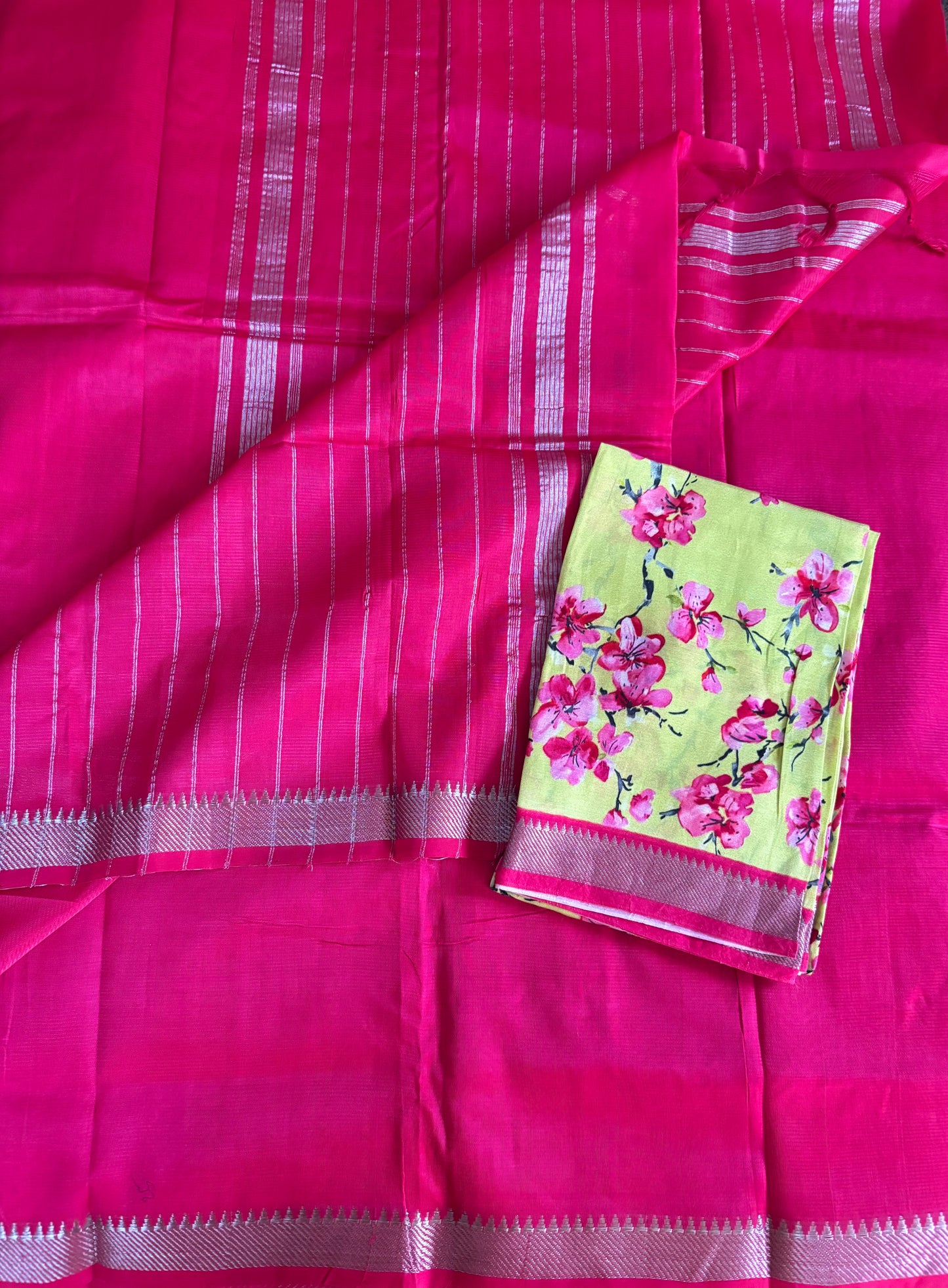 Fuchsia pink Mangalgiri pattu with digital blouse