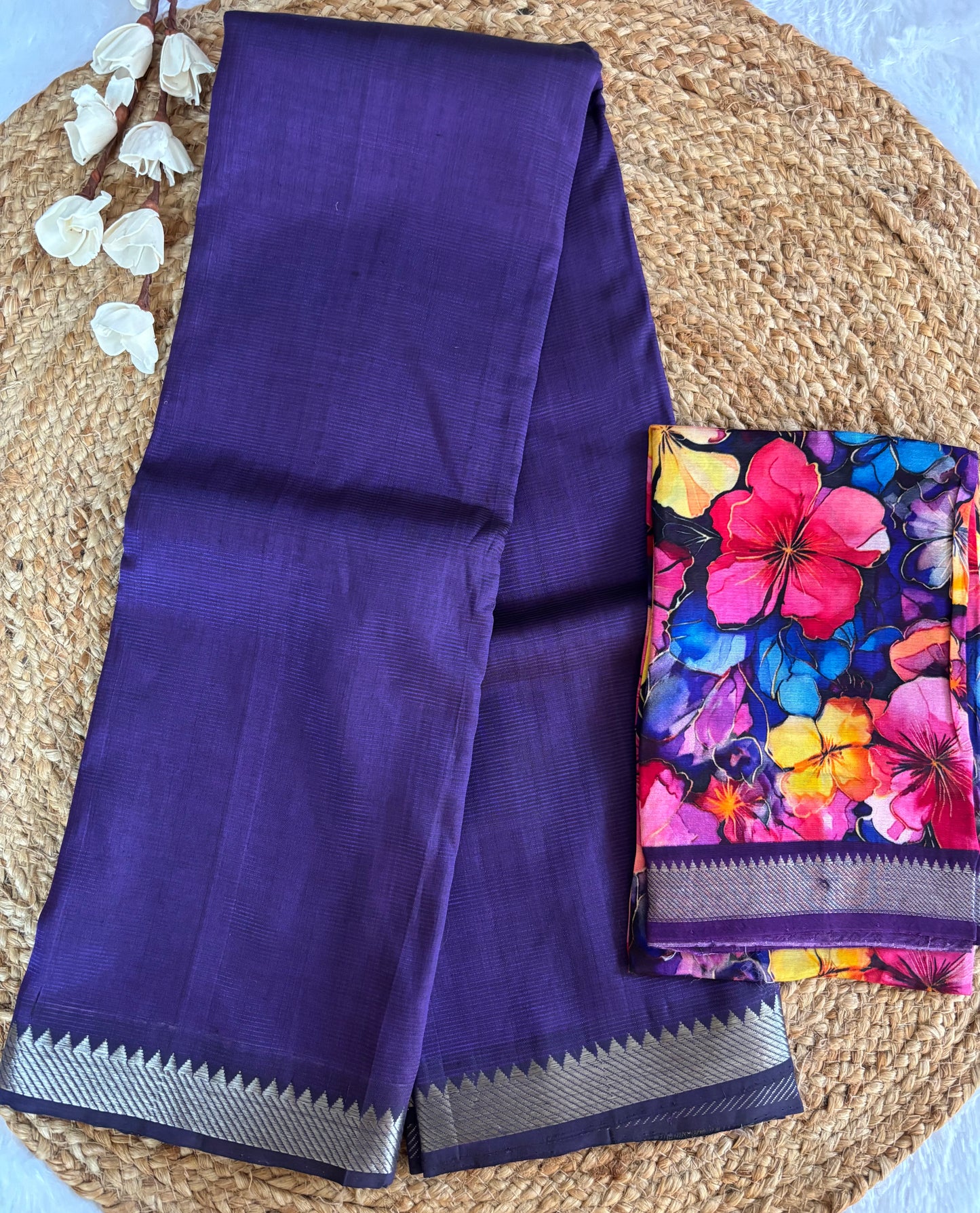 Purple Mangalgiri pattu with digital blouse
