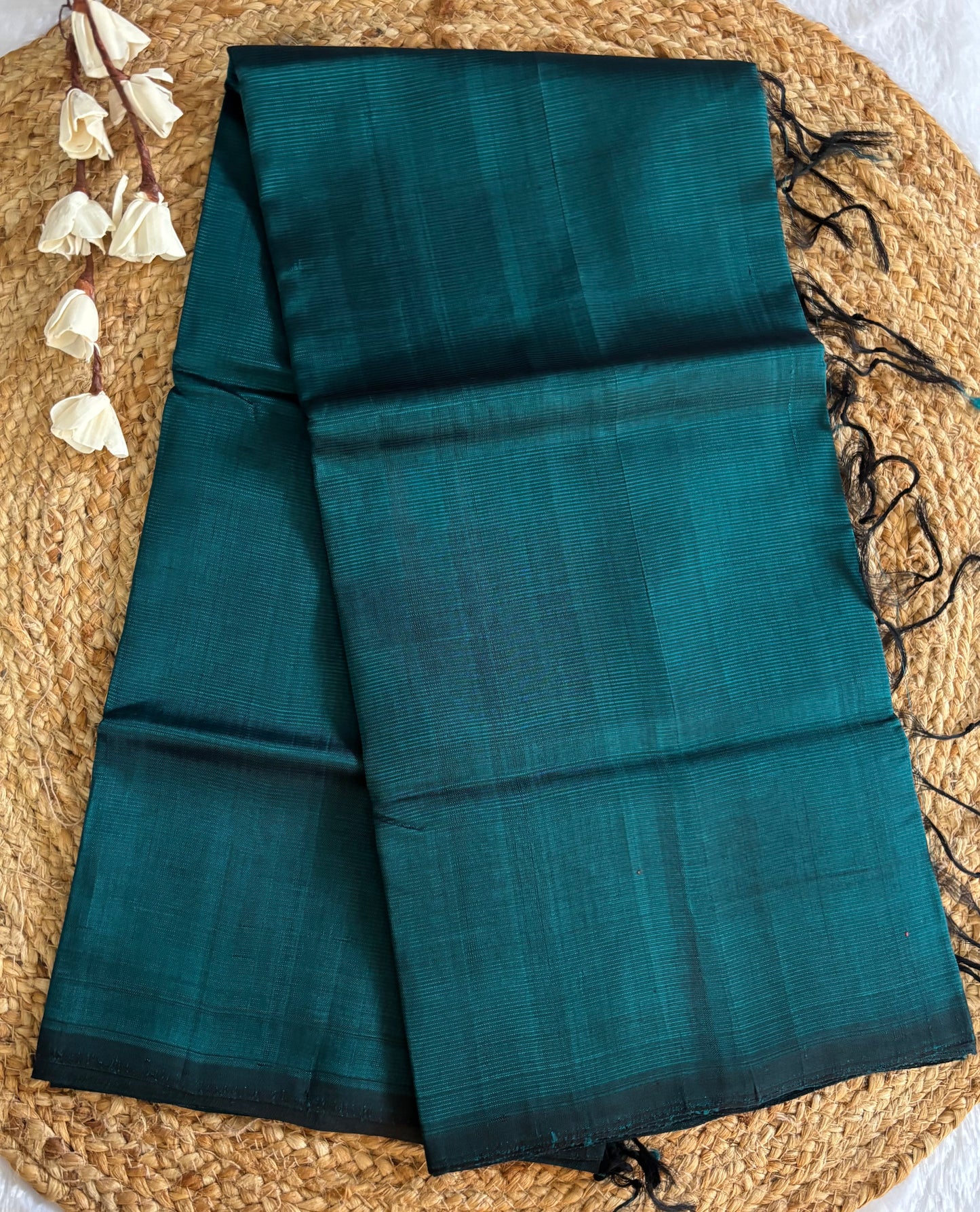 Teal blue Mangalgiri pattu with kalamkari blouse