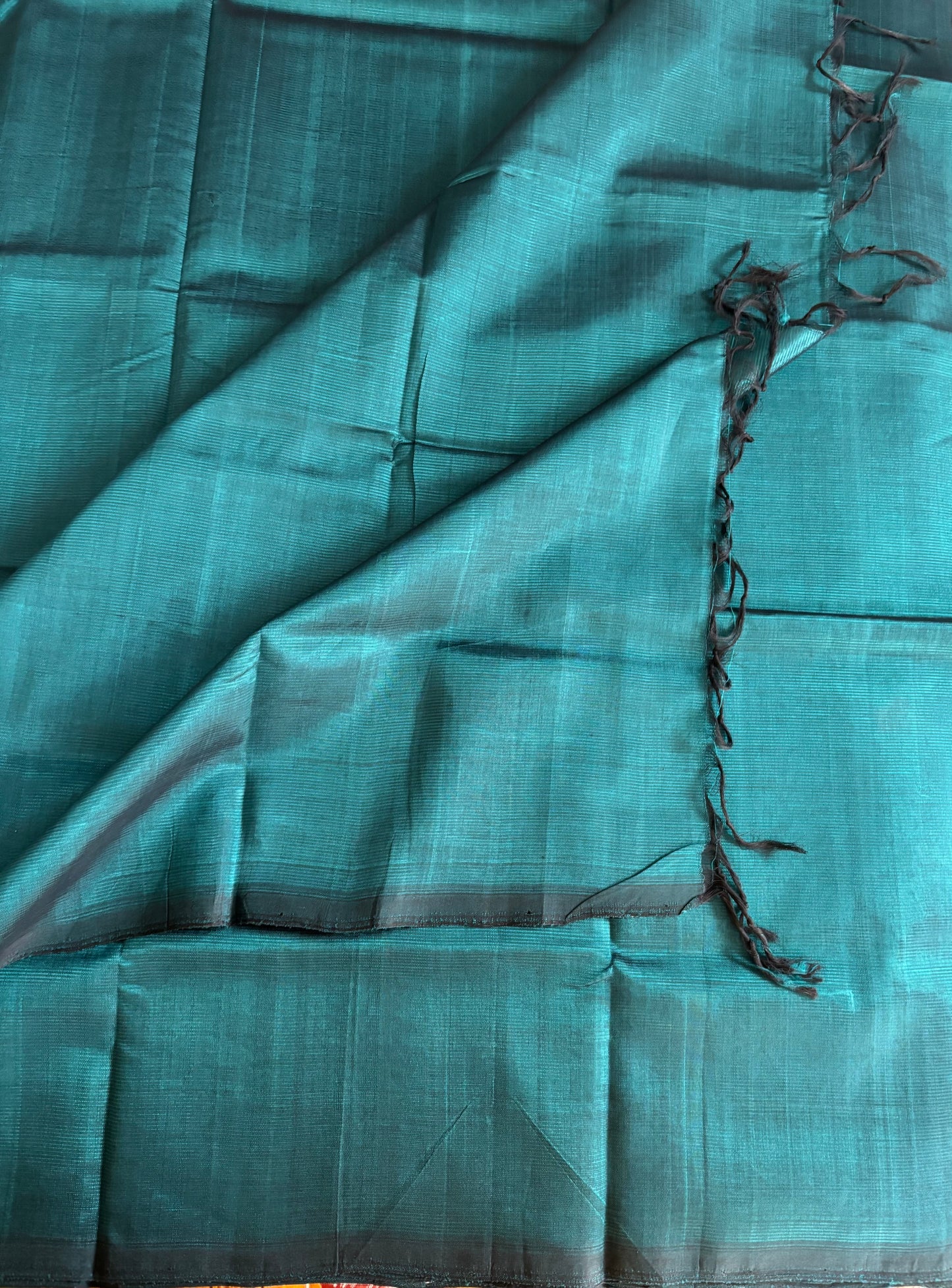 Teal blue Mangalgiri pattu with kalamkari blouse