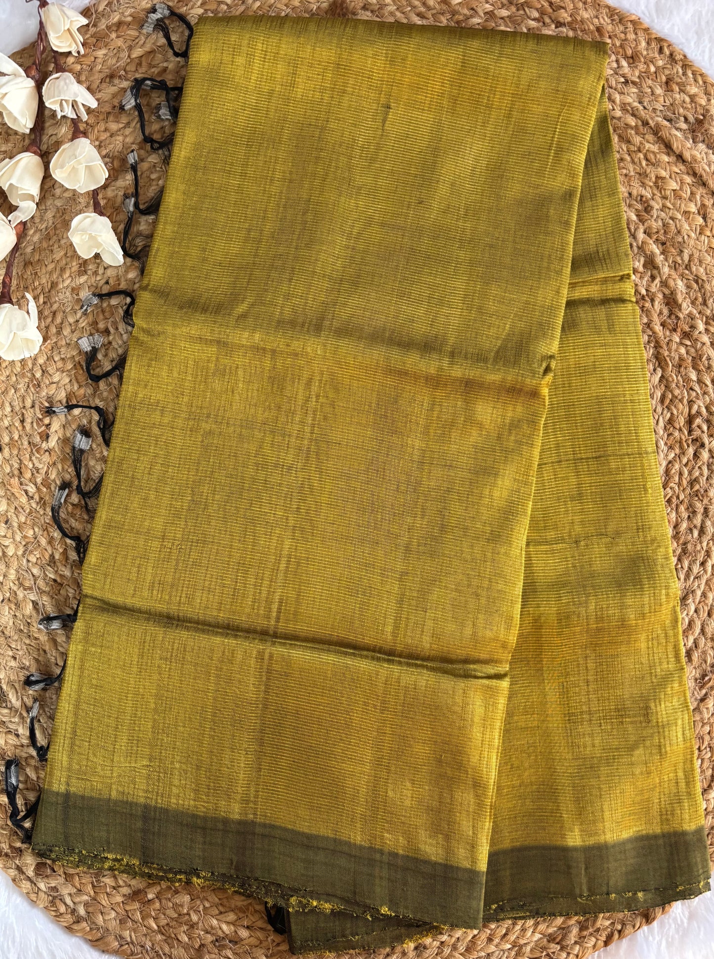 Mustard Mangalgiri pattu with kalamkari blouse