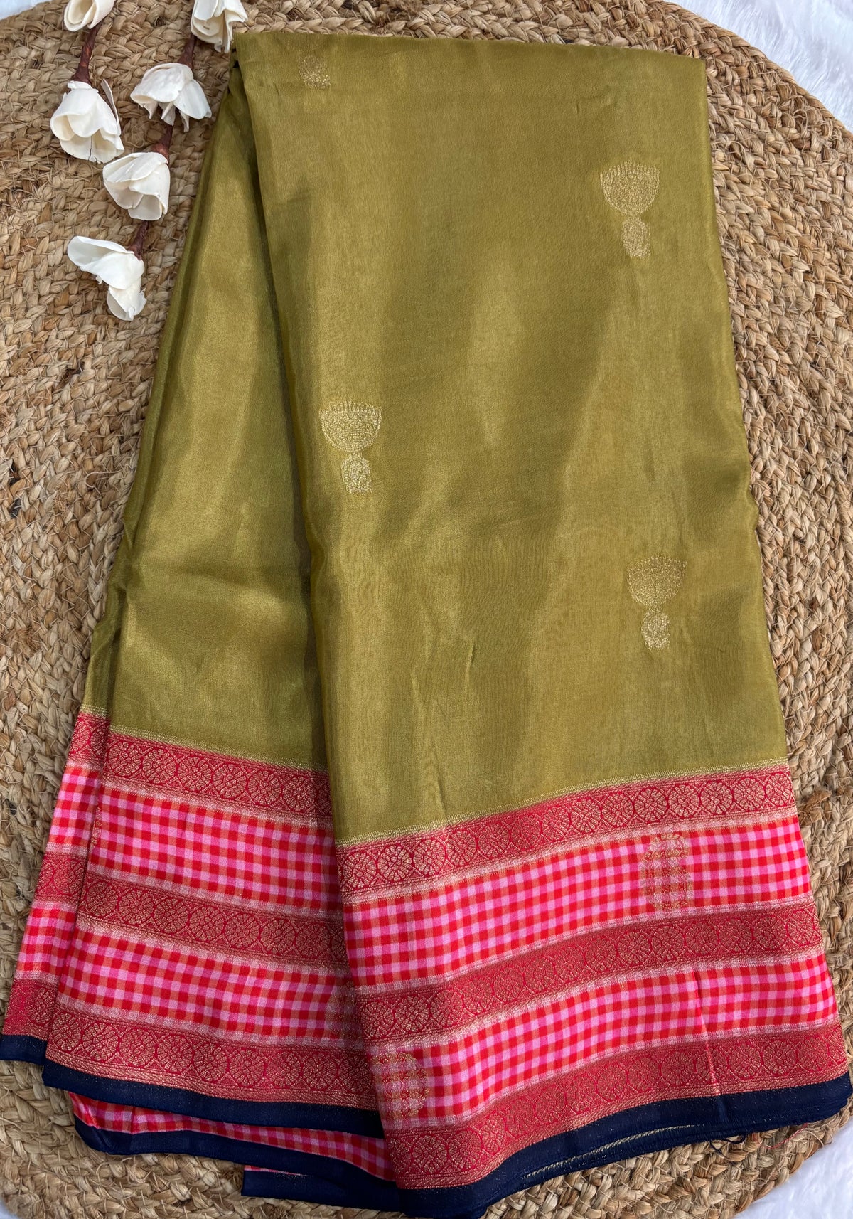 Olive green dola crepe silk saree