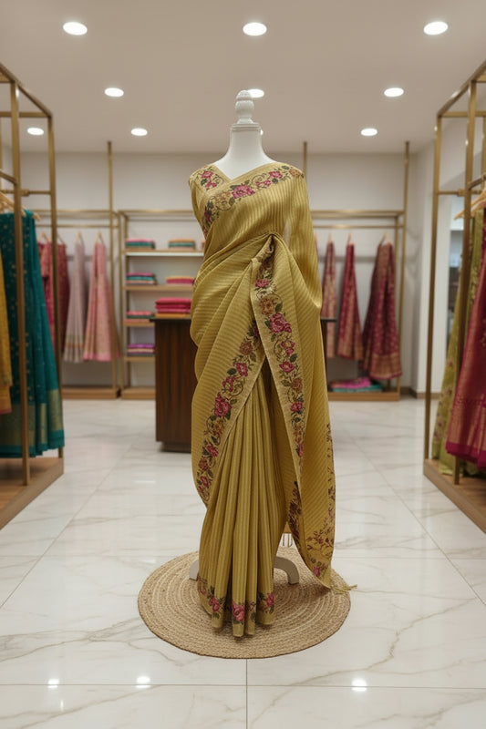 Mustard tissue silk saree with petite embroidery