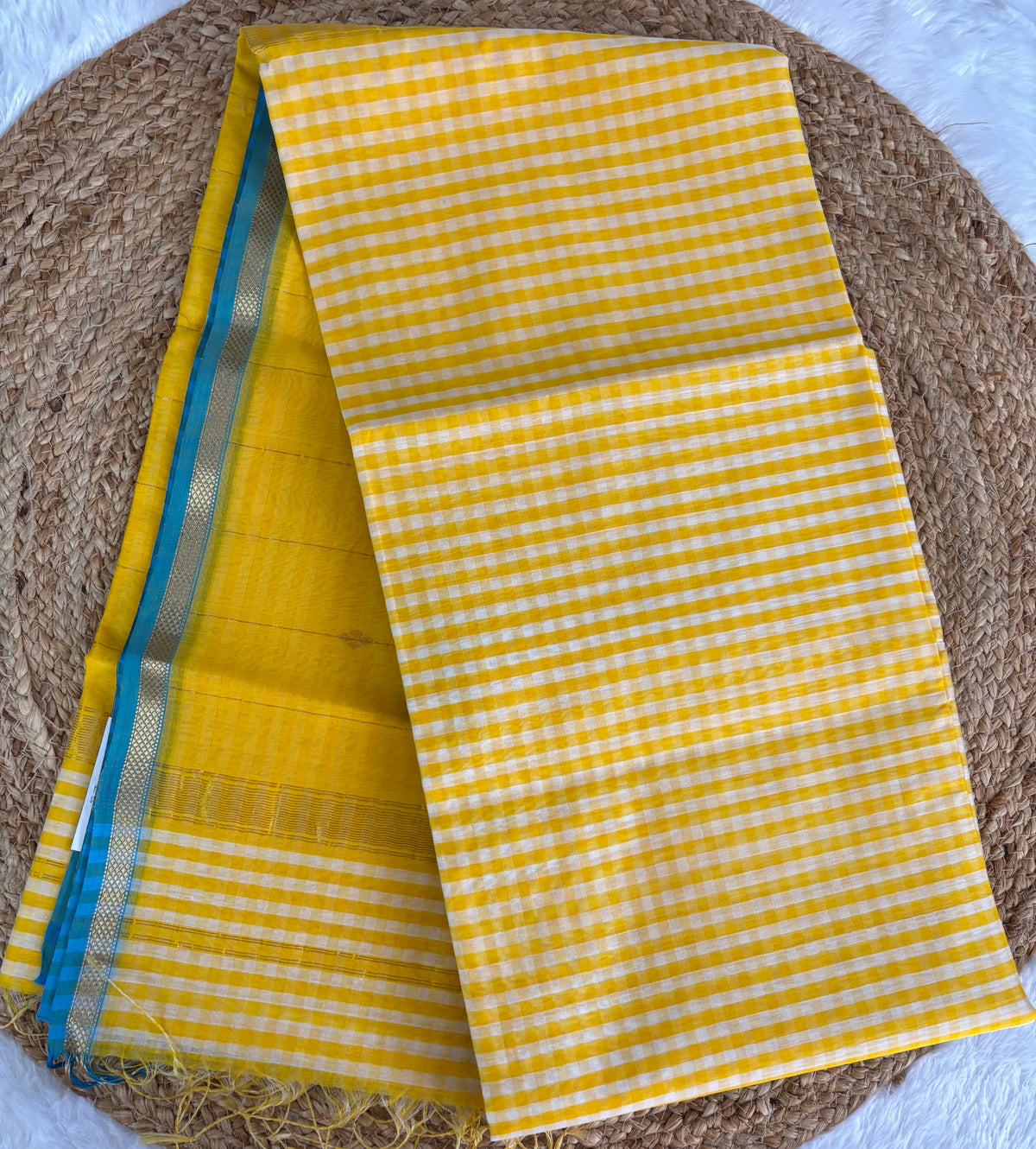 Yellow madras checks Maheshwari silk cotton saree