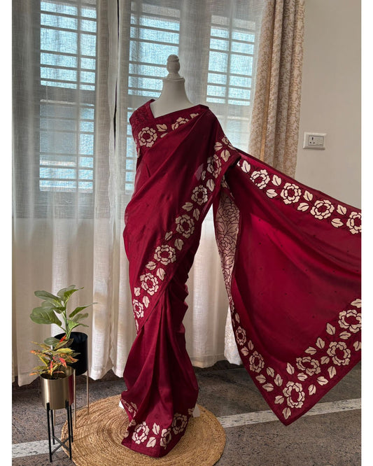 Maroon raw silk saree